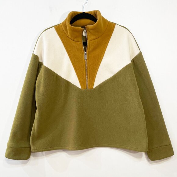 EUC Sezane Adana Colorblock Half Zip Sweatshirt Olive Ecru Brown 40, 8, M - Picture 2 of 7